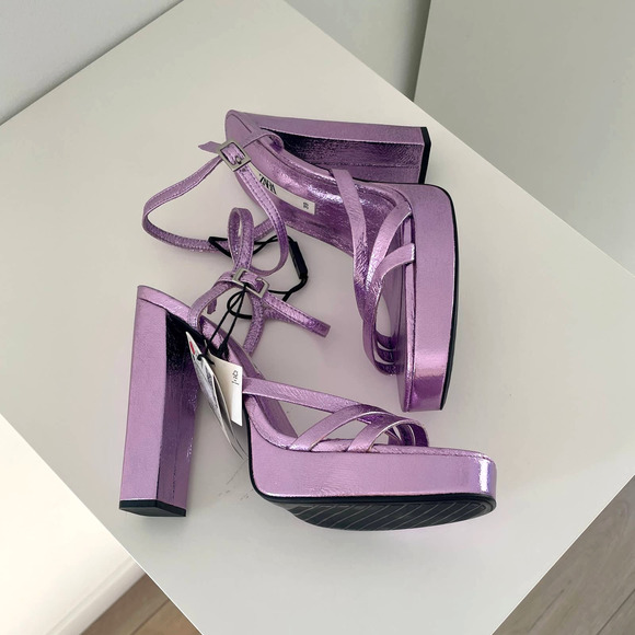 ZARA METALLIC PLATFORM HEELED SANDALS STRAPPY PURPLE - US 8 - Picture 14 of 14